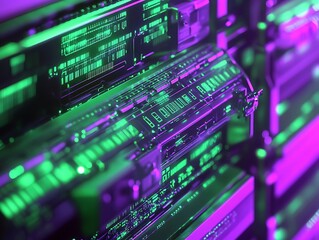 Obraz premium Abstract data storage concept with holographic visuals in green and purple shades