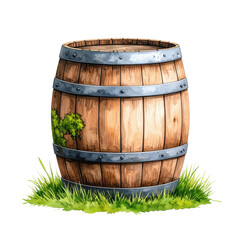 Fototapeta premium Rustic wooden barrel illustration with metal bands and green moss, standing on grass. Perfect for themes of vintage storage, beverages, or nature.