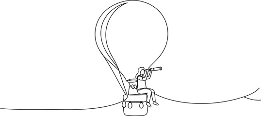 Hot air balloon line art, woman with telescope, sky adventure drawing, travel exploration concept, flying journey sketch, future vision idea, minimalist travel vector, discovery search