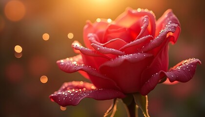 A vibrant pink rose, covered in water droplets, is illuminated by a warm, golden light against a blurred background.