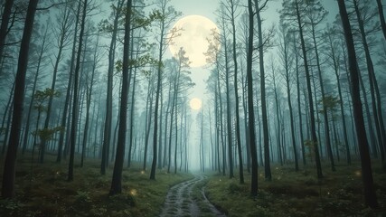 Fototapeta premium Moonlit path winds through a tranquil forest, where the trees stand tall under the soft glow of a celestial orb