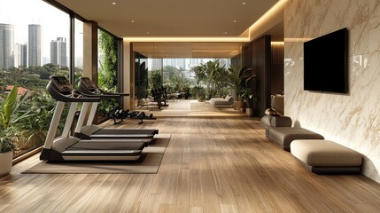 Modern gym with city view, treadmills, and lounge area