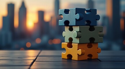 Interlocking Puzzle Pieces Stacked Against a Cityscape at Sunset Symbolizing Teamwork and Strategic Problem Solving