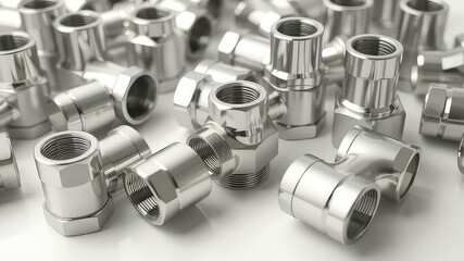 Shiny metallic plumbing components on a white surface, creating a pattern of industrial elements