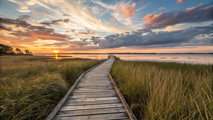 Vibrant sunset colors paint the sky above a peaceful boardwalk through tall grasses