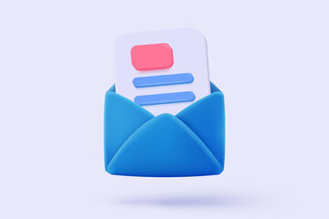 3d mail envelope icon with contact sheet on pastel background. Minimal email letter with letter paper read concept. 3d mail address with message icon vector render illustration