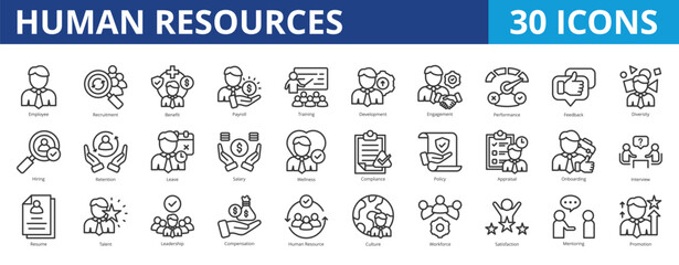 Human resources icon pack collection set for employee recruitment and job vacancy. With benefit, leadership, training, development, engagement, performance, feedback, diversity, hiring, consulting