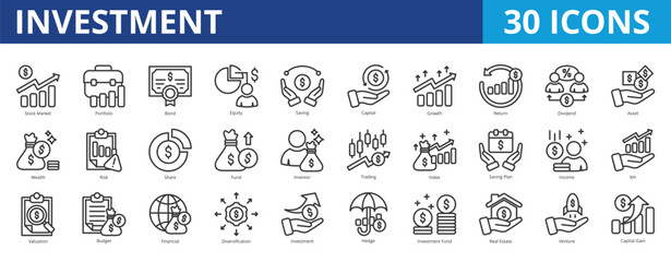 Investment icon pack collection set for business and financial planning. With stock market, portfolio, equity, saving, capital, growth, return, dividend, asset, wealth, risk, share, fund, investor