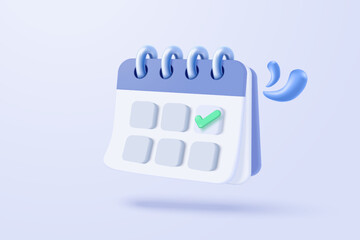 3d calendar date and time for reminder day with notice alert. Calendar clock for schedule appointment and marked notifications alert concept. 3d date reminder icon vector render illustration