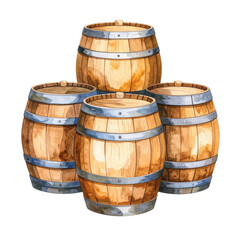 Obraz premium A watercolor illustration depicting four wooden barrels, ideal for themes related to wine, beer, or storage. The barrels are brown with metal bands.