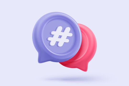3D hashtag searching and share link buttons on social media announcement on background. Comments thread mention or user reply sign with announce. 3d hashtag icon signs vector render illustration