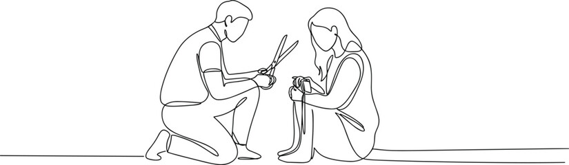 Man cutting ribbon, woman holding ribbon, teamwork concept art, continuous line drawing, couple collaboration sketch, creative minimalist design,