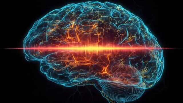 Abstract illustration of human brain with neural activity waves