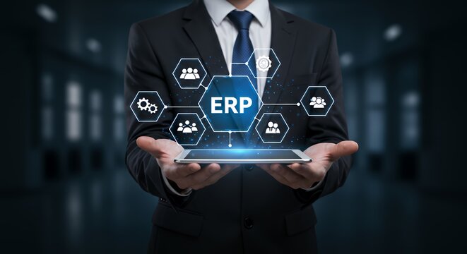 ERP System on Tablet Held by Business Man