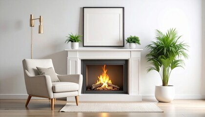 Cozy living room with fireplace armchair plants and blank picture frame (1)