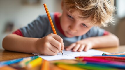 A young boy is drawing on paper with crayons holding an orange pencil in his hand and a focused expression. Colored pencils scattered around young guy