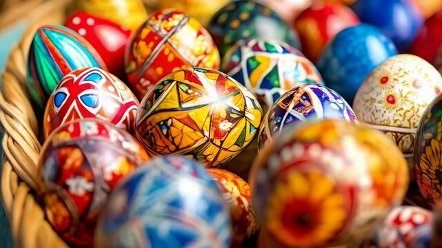 Close-up of a basket filled with intricately decorated Easter eggs featuring vibrant colors and traditional folk patterns.