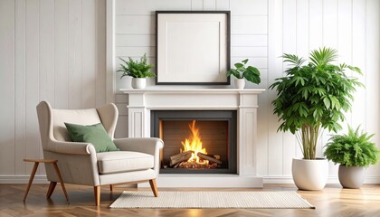 Cozy living room with fireplace armchair plants and blank picture frame