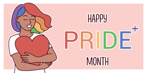 Flat banner with black skinned woman hugging red heart and rainbow hair, Happy Pride Month text in colorful LGBT style. copy space