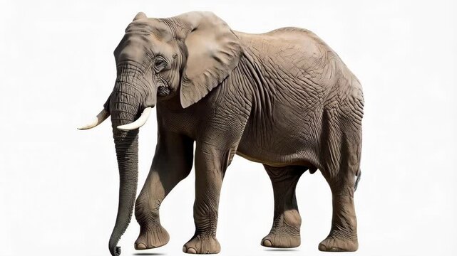 Isolated majestic African elephant walking with trunk down against white background, showcasing texture and grace of nature.