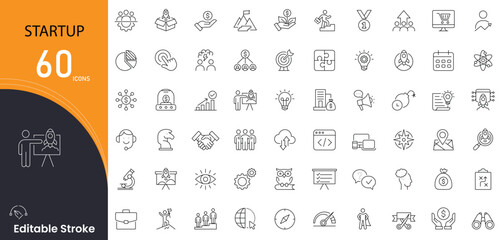 Startup related icon collections. Containing idea, rocket, launch, innovation, plan, growth, pitch, funding, goal, strategy icons. Editable Stroke.