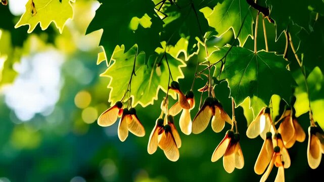 Translucent maple samaras and green leaves against blurred sunlight and bokeh background in spring or early summer.