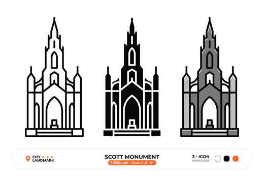 Scott Monument, Line Icon. Edinburgh, Scotland, UK, Landmark, Silhouette, Color Vector, Editable Stroke.