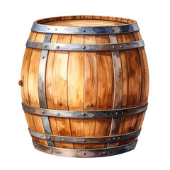 Fototapeta premium A rustic wooden barrel with prominent metal hoops, rendered in a watercolor style. Ideal for themes of storage, aging, or traditional beverages.