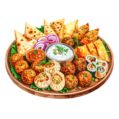 An inviting watercolor illustration of a large wooden platter showcasing a variety of asian and indian appetizers, perfect for sharing at gatherings or as a diverse meal.