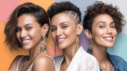 a vibrant and stylish image featuring three indian women side by side, each showcasing a different short hairstyle that exudes boldness and beauty.