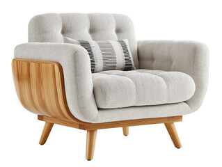 Fototapeta premium Scandinavian armchair with light fabric and wooden frame isolated on transparent background 