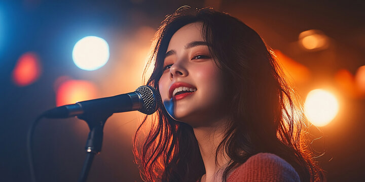 A young female singer captivating the audience with her powerful voice under warm stage lights.