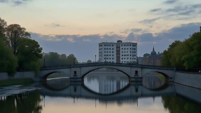 Serene Sunrise Reflecting on a Historic Bridge over a Calm River in an Urban Setting