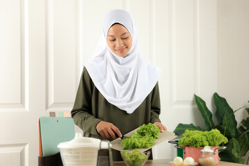 Young Asian Mom with Hijab Making Vegetable Salad