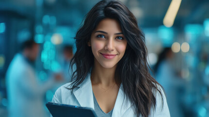 a young Indian woman scientist walking through a futuristic biotech corridor, wearing a clean white lab coat, holding a tablet with glowing scientific data