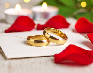 A pair of gold rings with a background of two candles and rose petals in a romantic atmosphere
