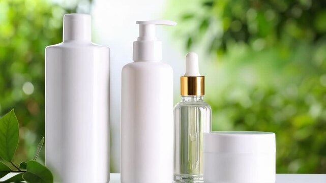 Assortment of four white unlabeled cosmetic bottles and containers on a white surface with blurred green natural background.