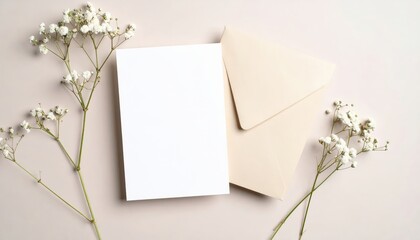 Elegant Invitation Mockup with Gypsophila Flowers and Cream Envelope on Neutral Background