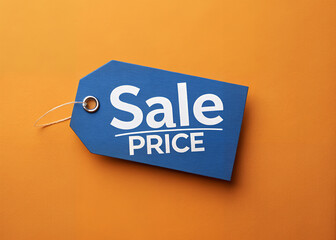 Sale Price Tag: A close-up shot of a blue sale price tag against an orange backdrop, offering a compelling visual representation of retail discounts, promotions, and savings.