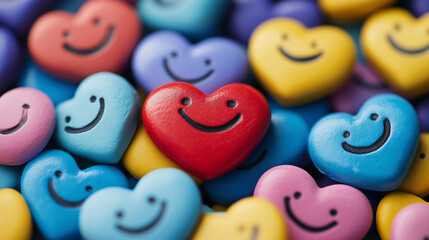 Fototapeta premium A colorful array of smiling heart shapes, representing happiness and diversity. 