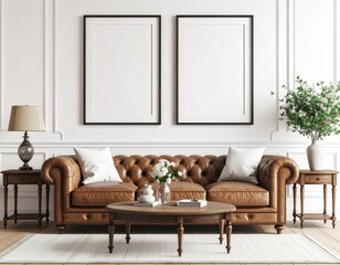 Elegant Living Room with Tufted Leather Sofa Blank Frames and Floral Accents