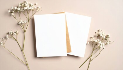 Elegant stationery mockup with babys breath on a soft beige background