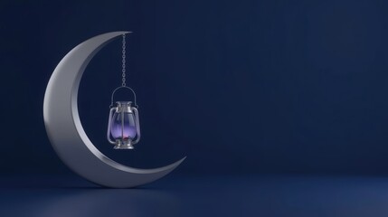 A silver crescent moon with a hanging glowing lantern on a dark blue background