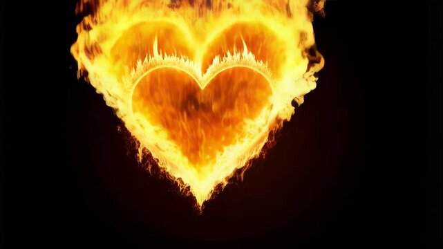 Burning heart symbol on black background with flames, love concept, fiery romantic passion design, hot and intense emotion