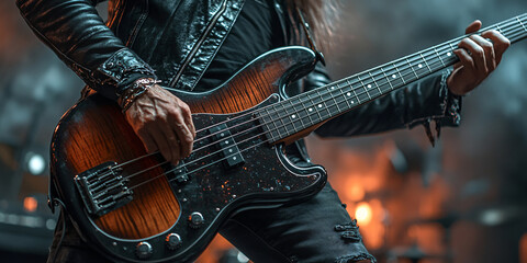 A rock bassist intensely plays their instrument on stage during a concert.