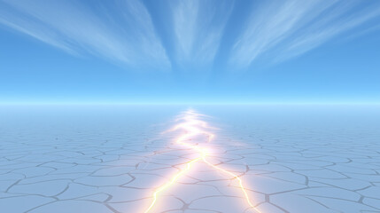 Cracked Earth Pathway with Glowing Energy under Blue Sky
