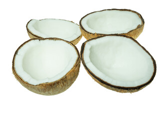 Whole coconut and a halved coconut with white flesh isolated on white background. Perfect for tropical food, vegan cuisine, and organic ingredient concepts.