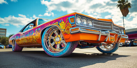 A vibrant orange classic car, customized with intricate paintwork and large chrome wheels.