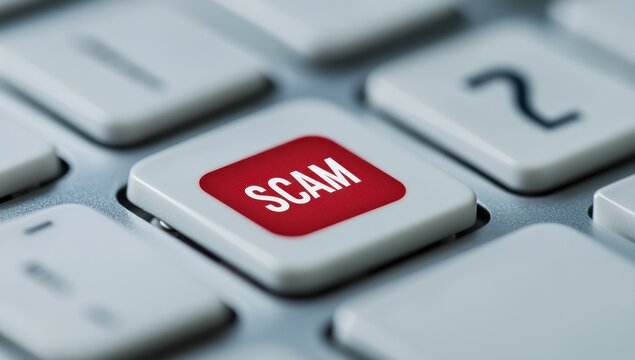Red 'Scam' button pressed on keyboard, online fraud warning