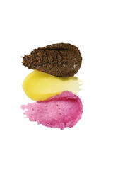 Mango, strawberry, coffee sugar scrub swatch isolated on transparent background, showcasing smooth texture, ideal for beauty and skincare product presentations. Exfoliating scrubber swatch for design.